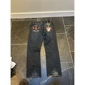 Antik Denim Mens Embroidered Crest Jeans Dark Wash Straight Leg Y2K Streetwear